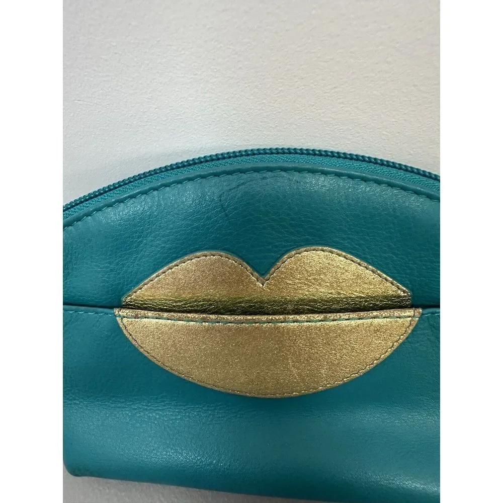 ili New York Hot Lips Cosmetic Case Turquoise‎ /Gold RFID Blocking Leather #30